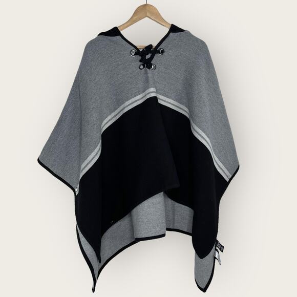 Ba&sh Oversized Hooded Sweater Colorblock Tight Knit Poncho Cape Black Grey OS - Picture 1 of 10